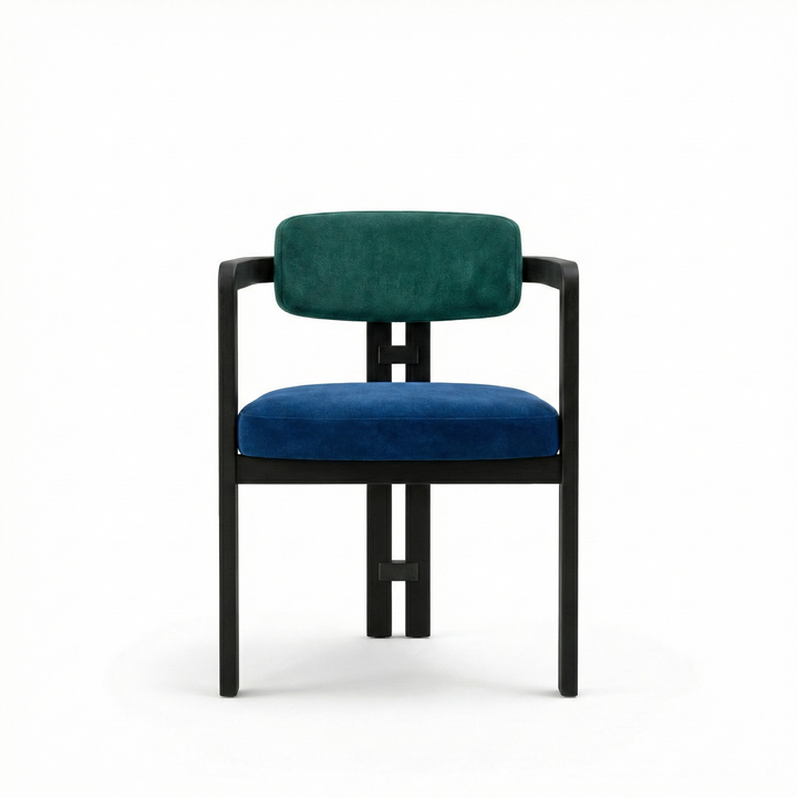 Modern upholstered armchair with black wooden frame and cushioned 