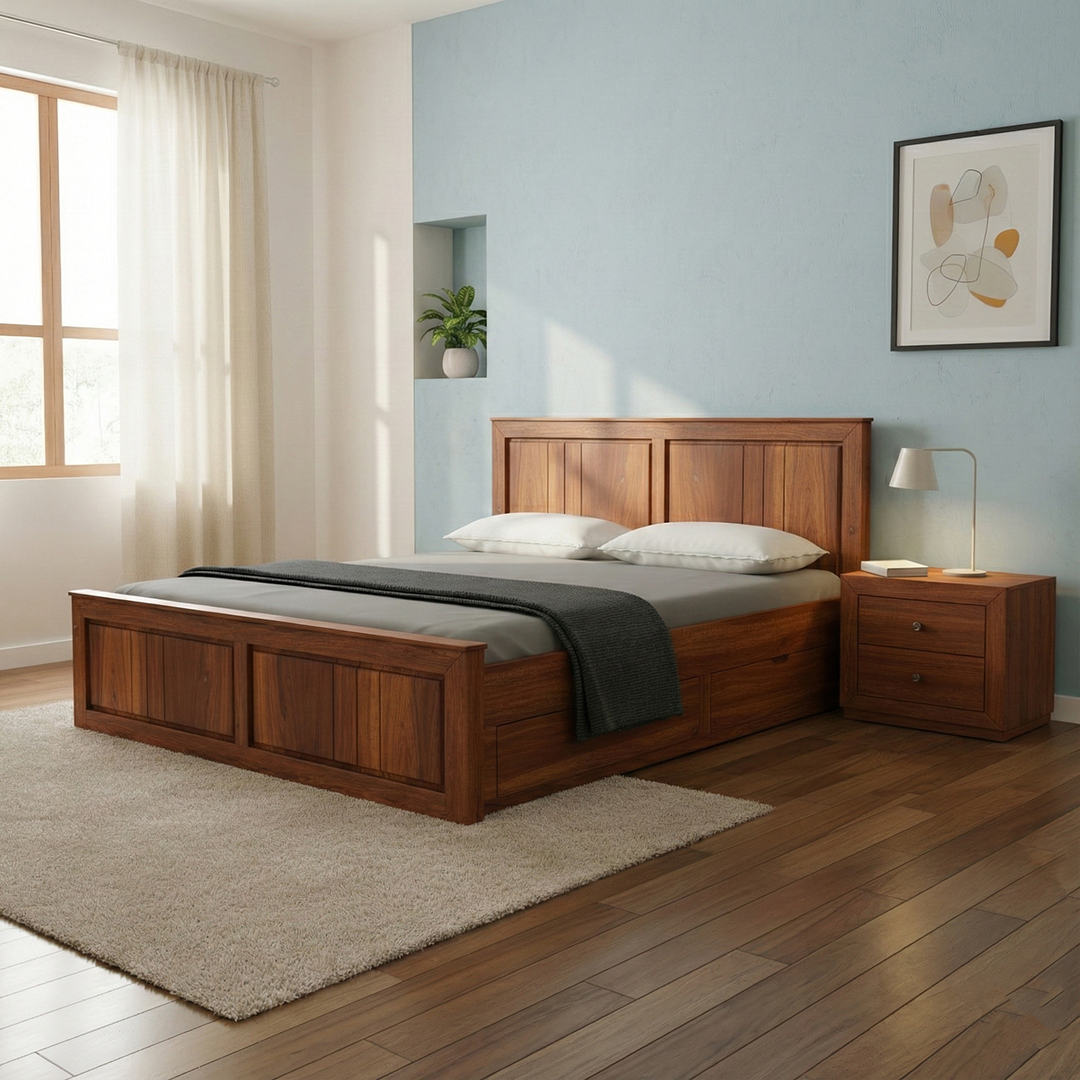 Side view of Solid Wood Storage Bed showing open storage