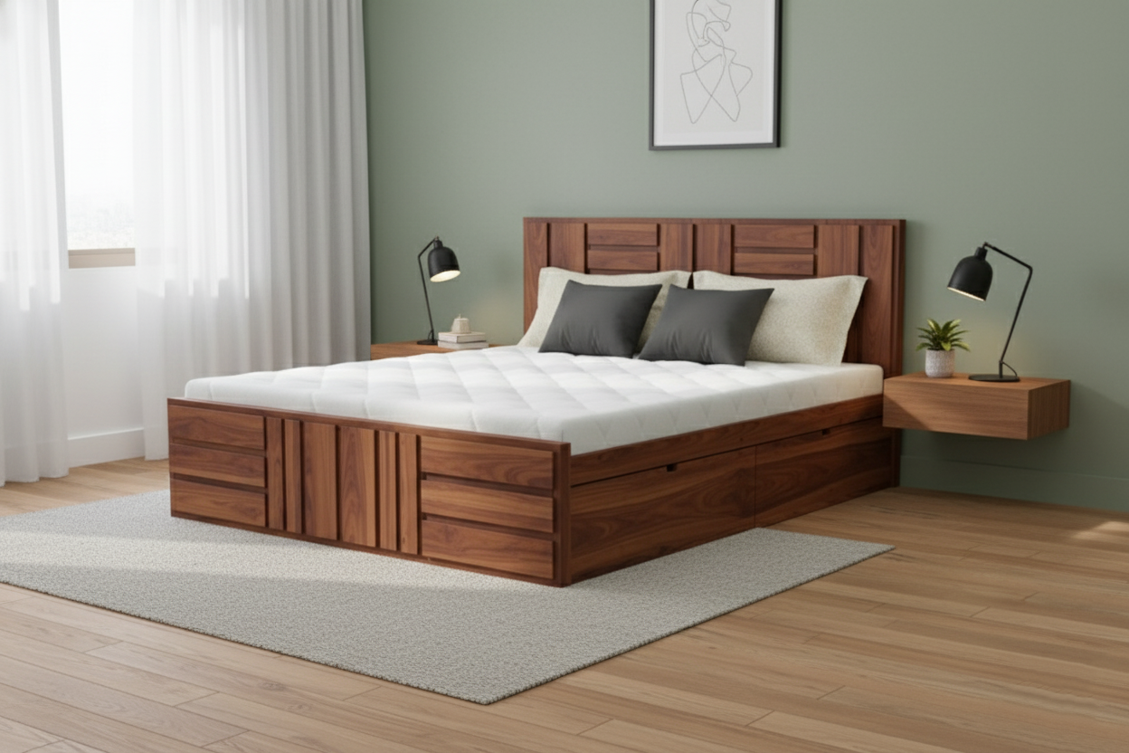 Handcrafted Wooden Storage Bed in a master bedroom