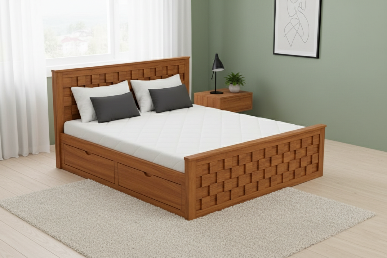 Angled view of Woven Panel Wooden Storage Bed