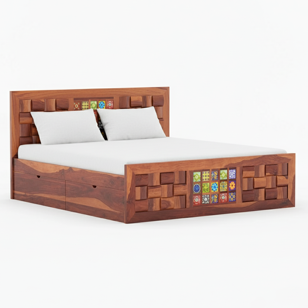 Close up of the tile accents on the wooden bed headboard