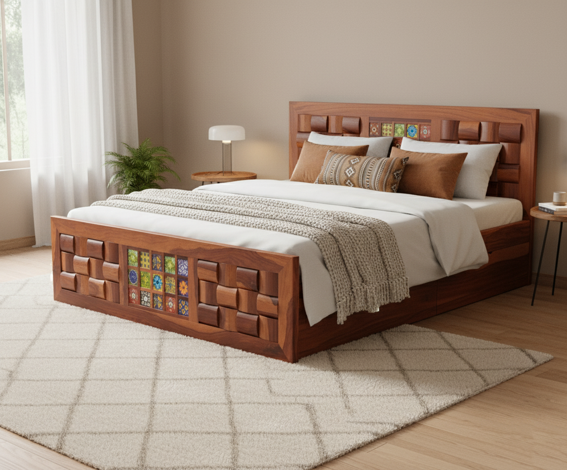 Close up of the tile accents on the wooden bed headboard