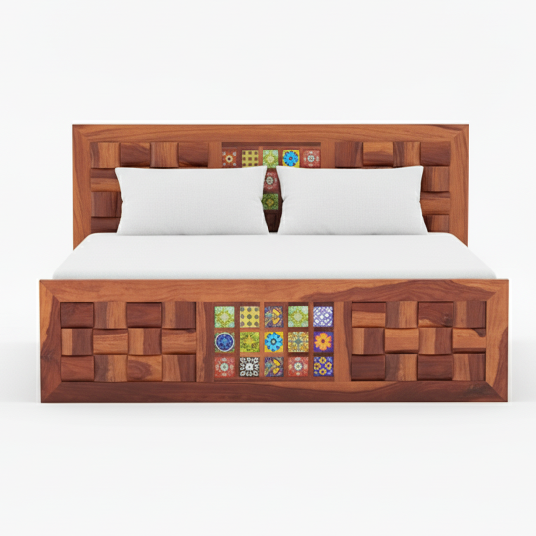 Handcrafted Tile-Accent Wooden Bed