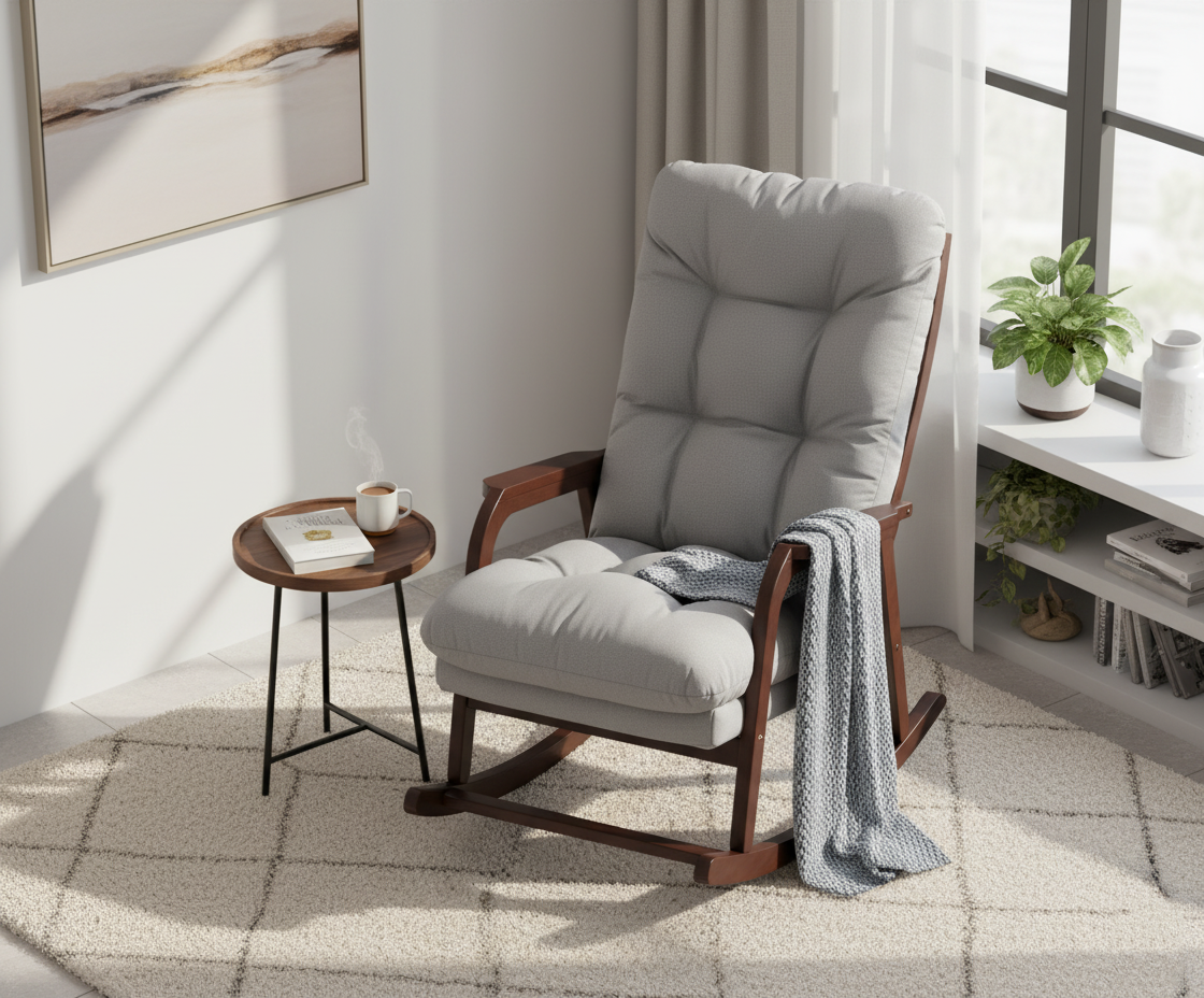 Traditional Upholstered Rocking Chair showing padded seat and rockers