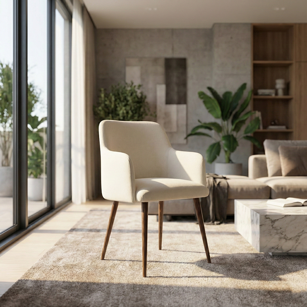 Angled view of Contemporary Upholstered Armchair in neutral fabric
