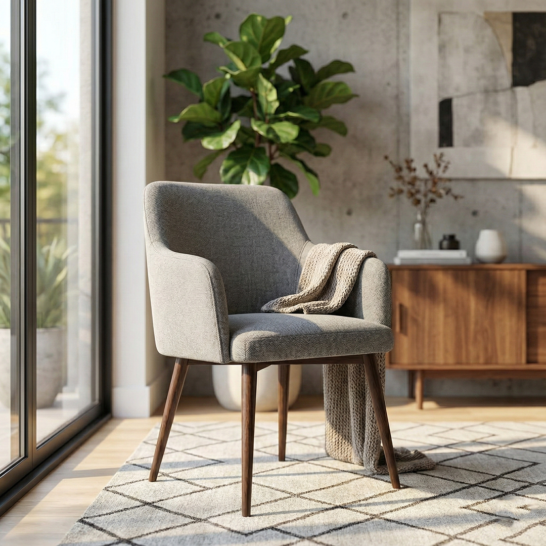 Angled view of Contemporary Upholstered Armchair in neutral fabric