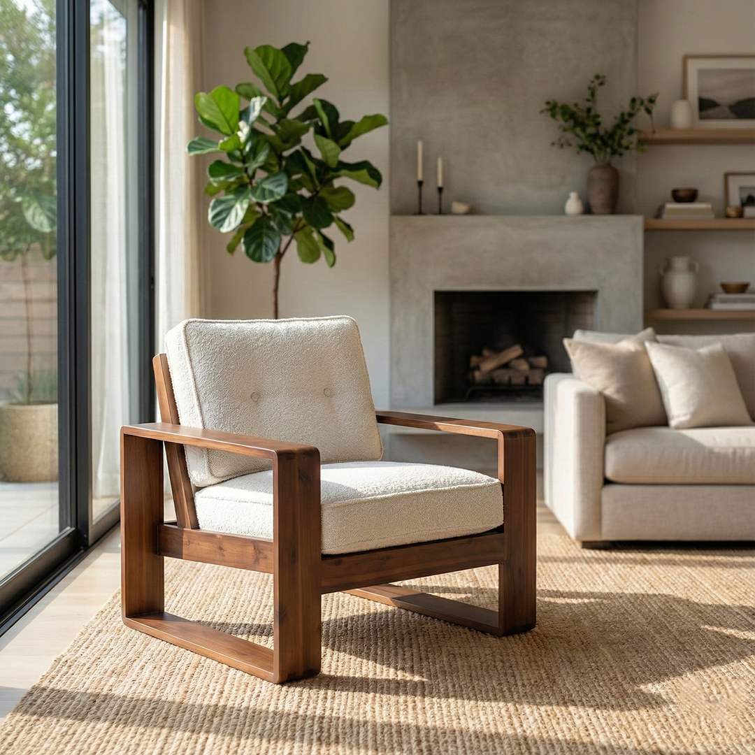 Angled view of Modern Block Frame 1 Seater Sofa in white boucle