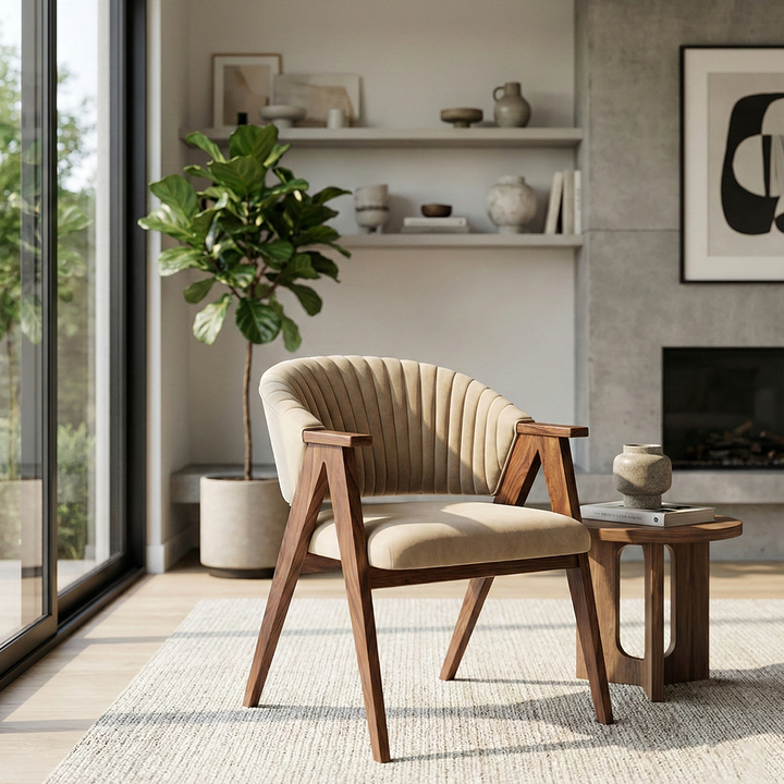 Front view of Mid-Century Channel Tufted Armchair with vertical stitching
