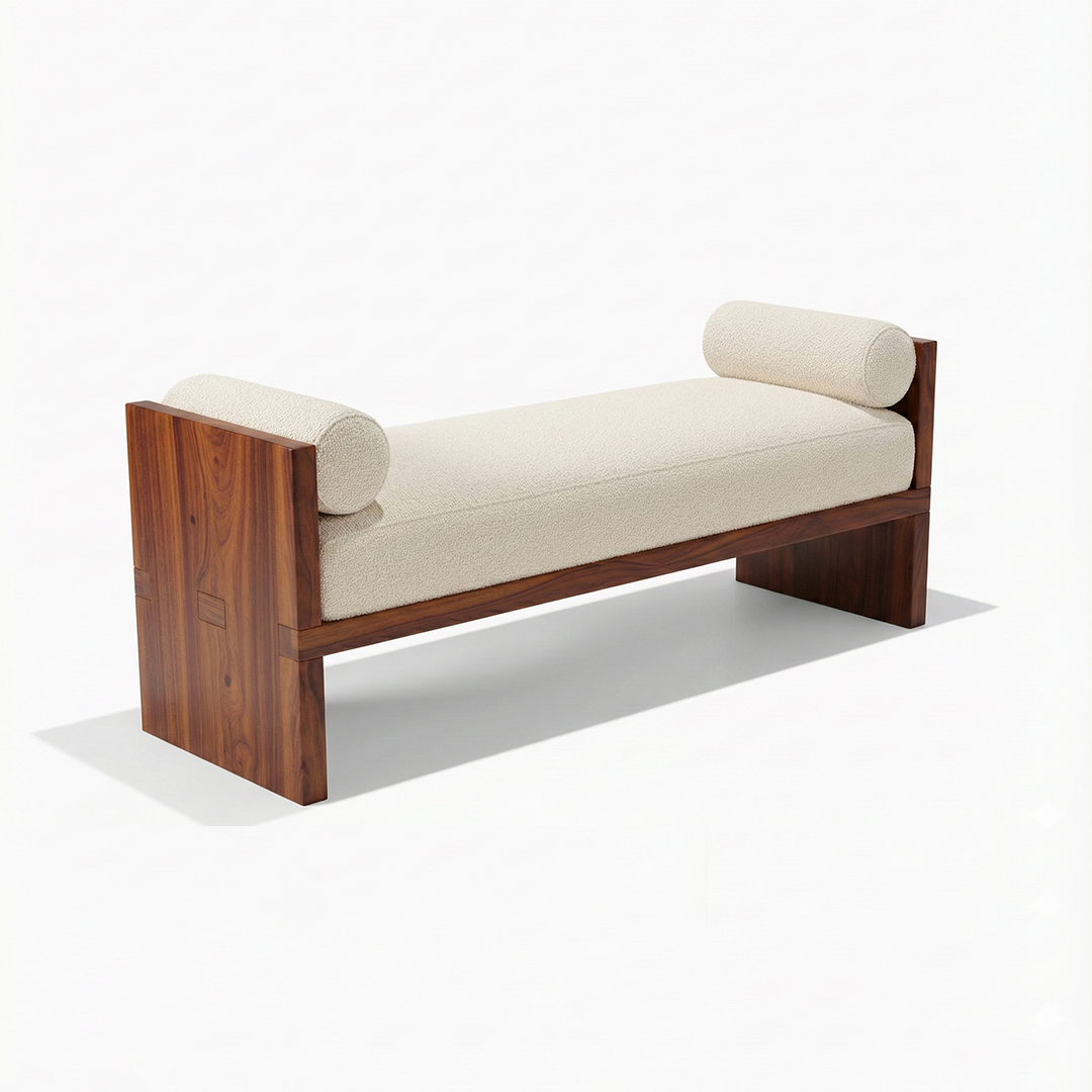 Front view of Modern Wood Daybed Bench with decorative cushions