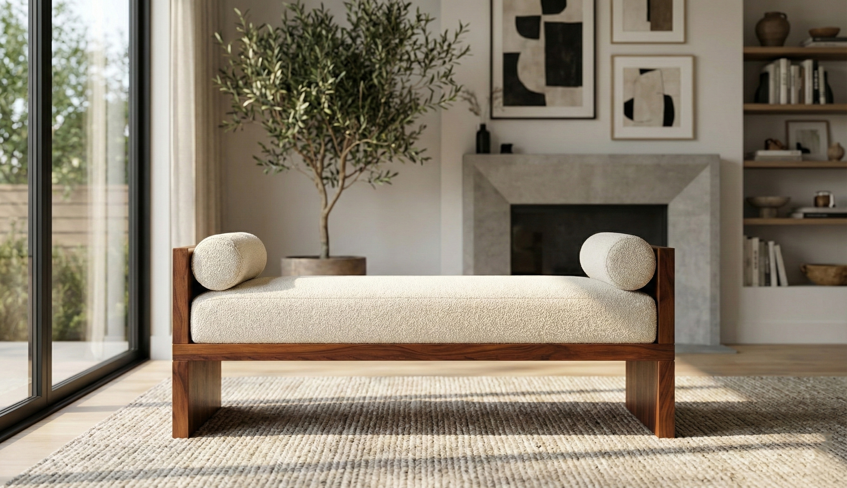 Front view of Modern Wood Daybed Bench with decorative cushions