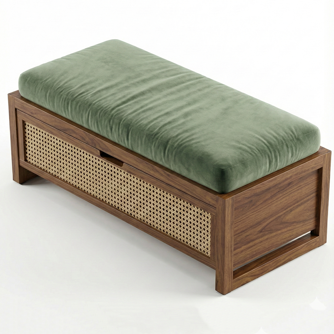 Mid-Century Rattan Storage Bench