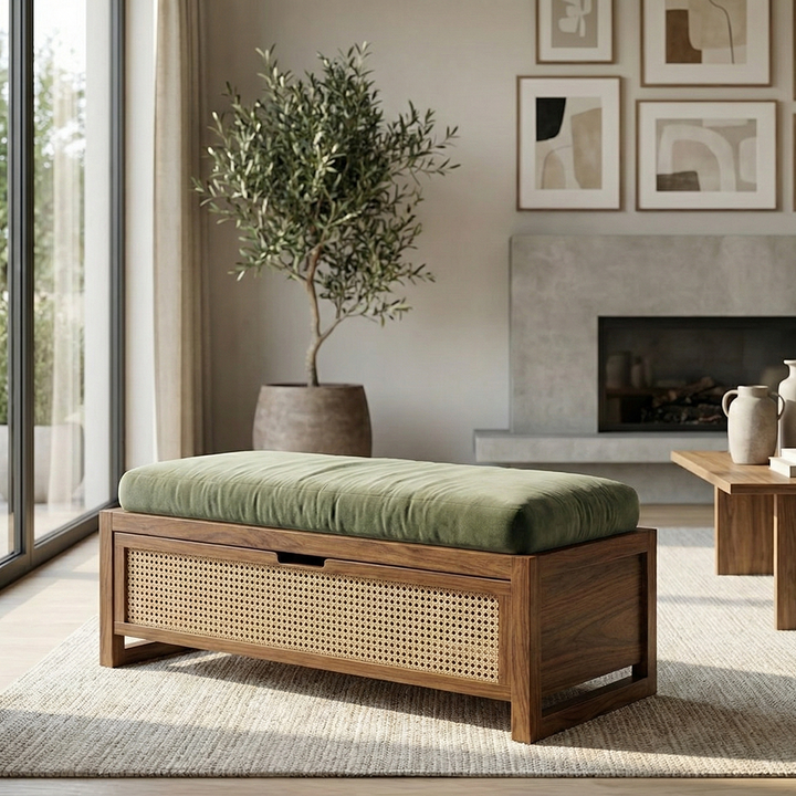 Mid-Century Rattan Storage Bench showing closed storage compartment