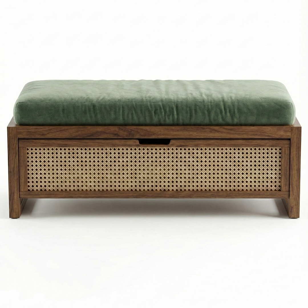Mid-Century Rattan Storage Bench showing closed storage compartment