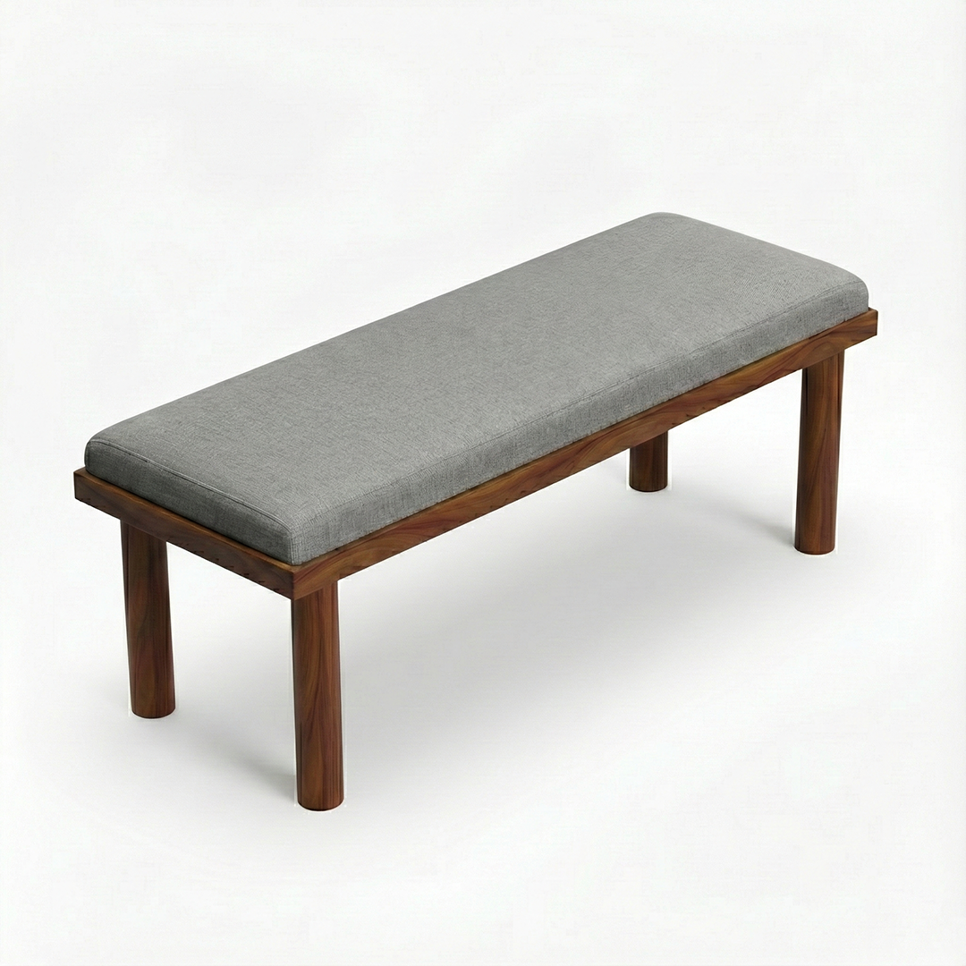 Front view of Mid-Century Upholstered Bench in grey fabric