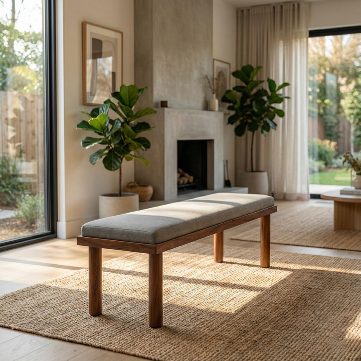 Front view of Mid-Century Upholstered Bench in grey fabric