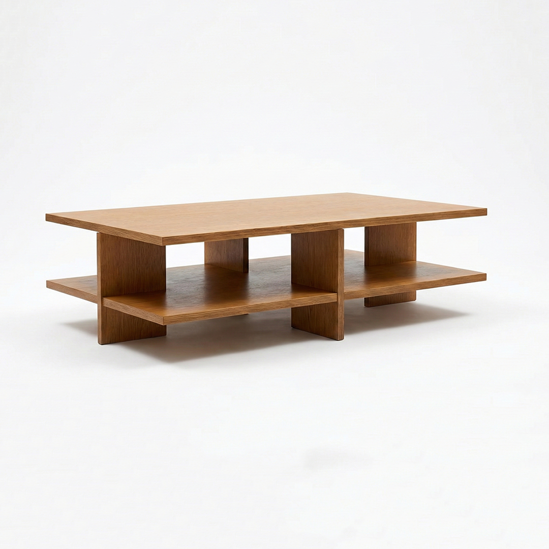 Modern Multi-Level Coffee Table with decor items displayed