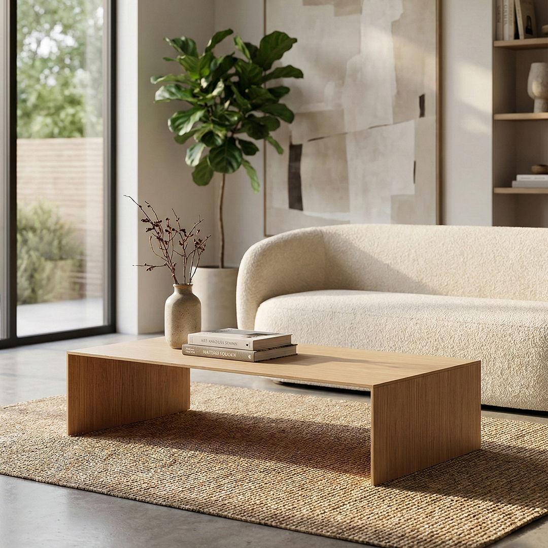 Side profile of Minimalist Waterfall Coffee Table showing grain flow