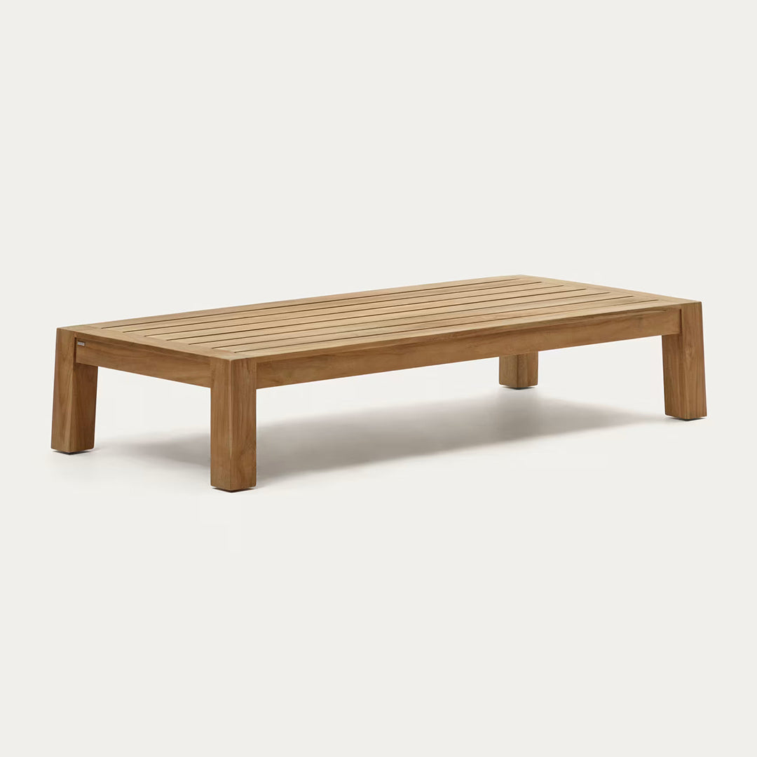 Outdoor Slatted Wood Coffee Table on a sunny patio