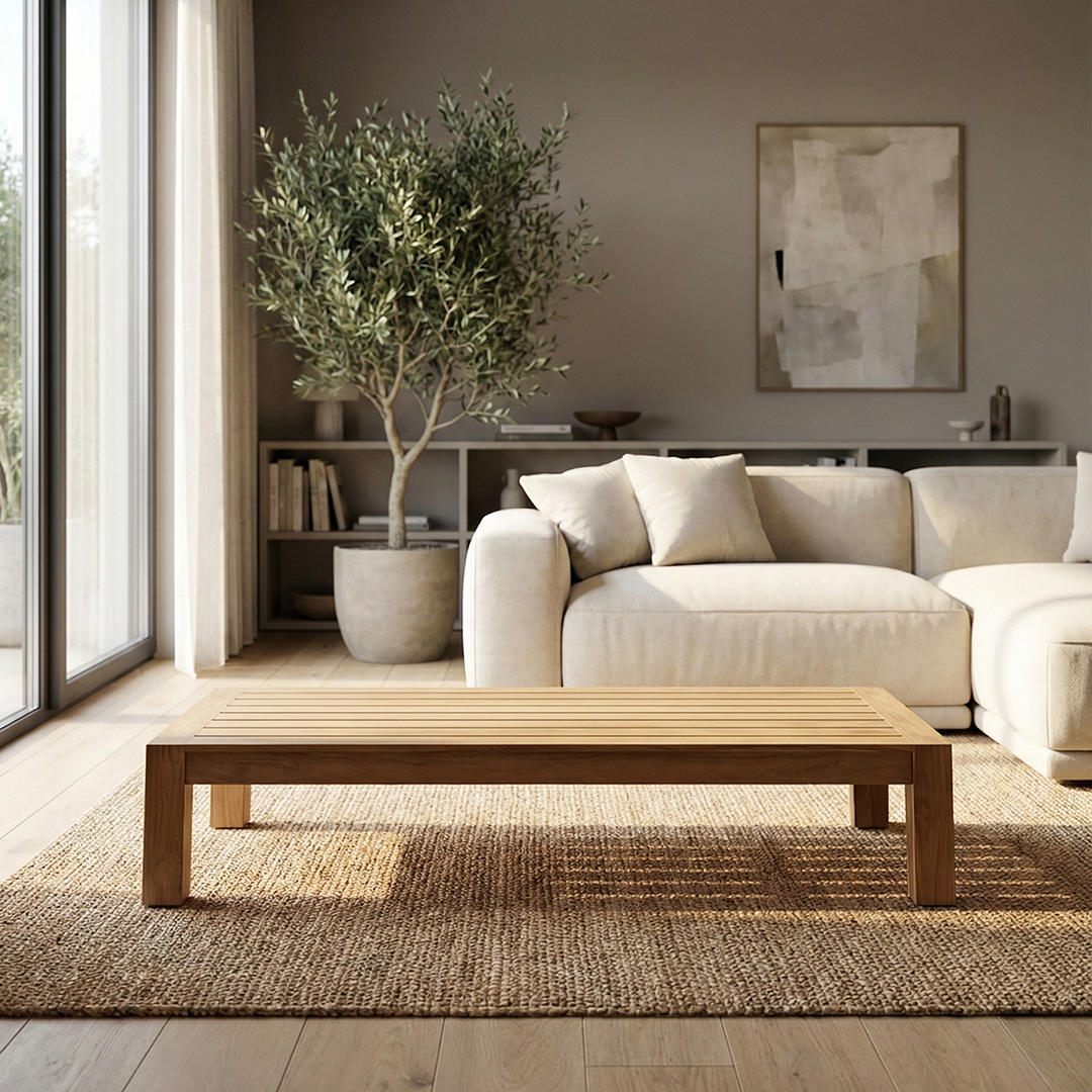 Outdoor Slatted Wood Coffee Table on a sunny patio