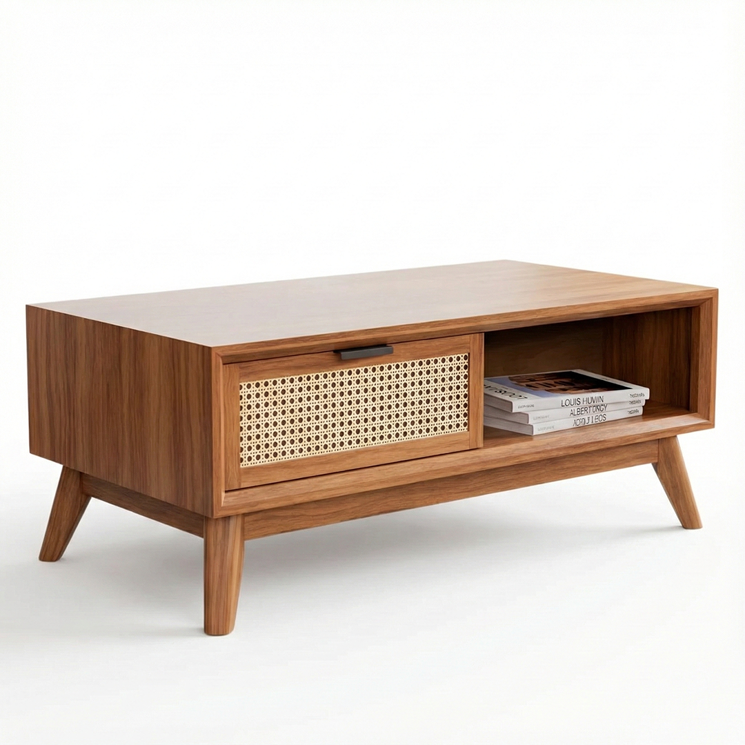 Front view of Honey Polish Mid-Century Rattan Coffee Table showing drawer