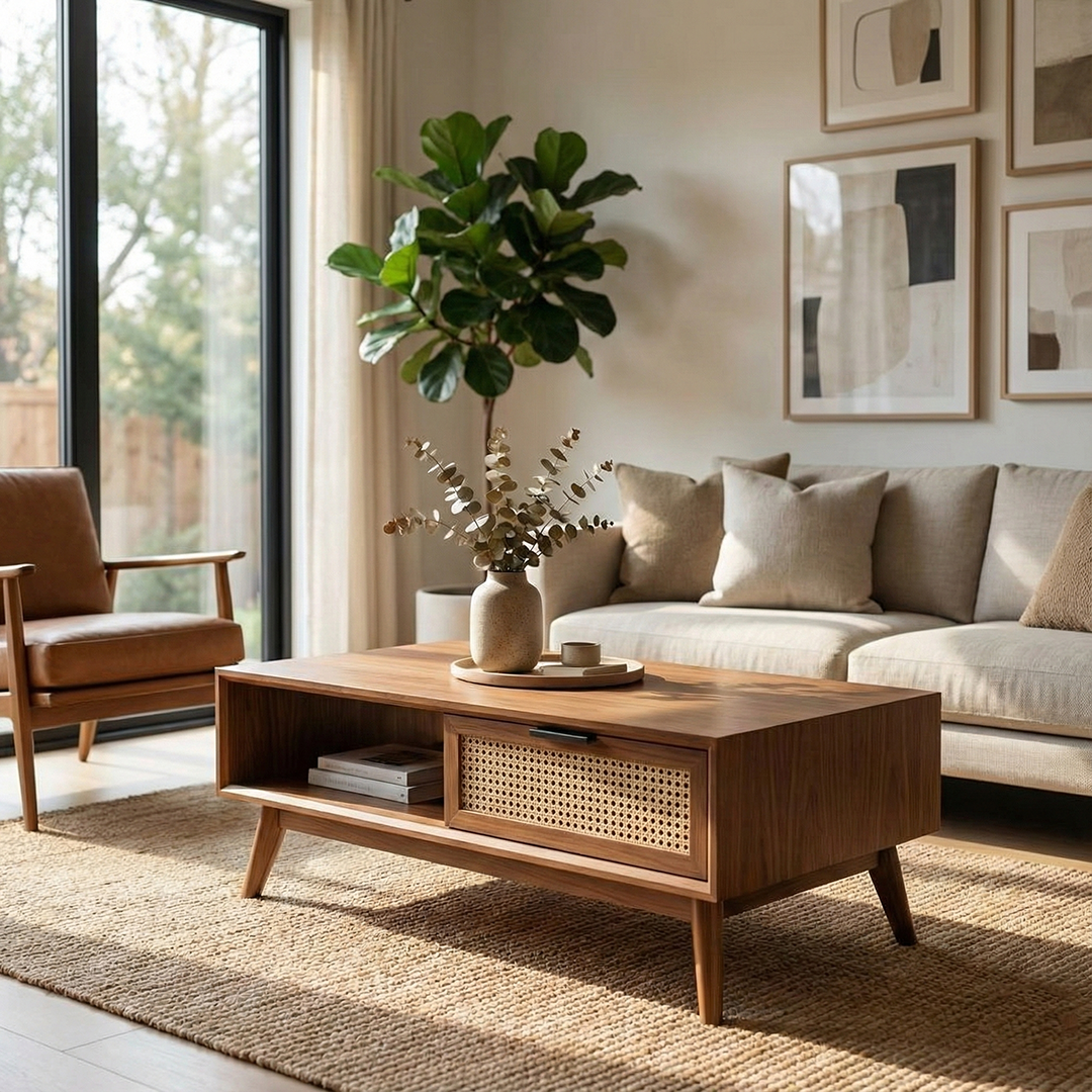 Front view of Mid-Century Rattan Coffee Table showing drawer