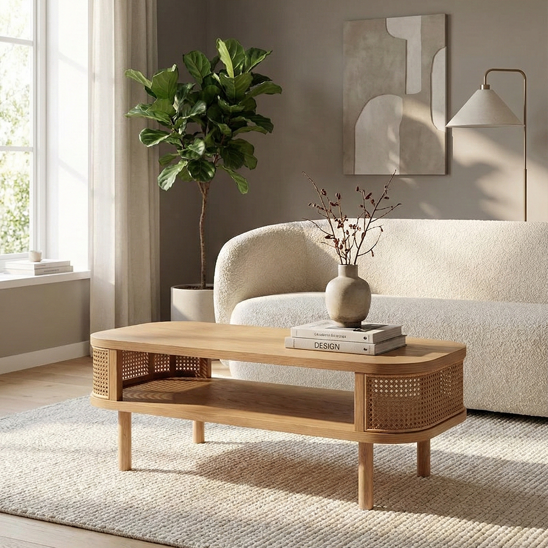 Rattan and Wood Oval Coffee Table in a living room setting