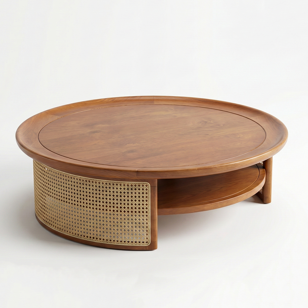 Top view of Mid-Century Rattan Coffee Table showing cane detail