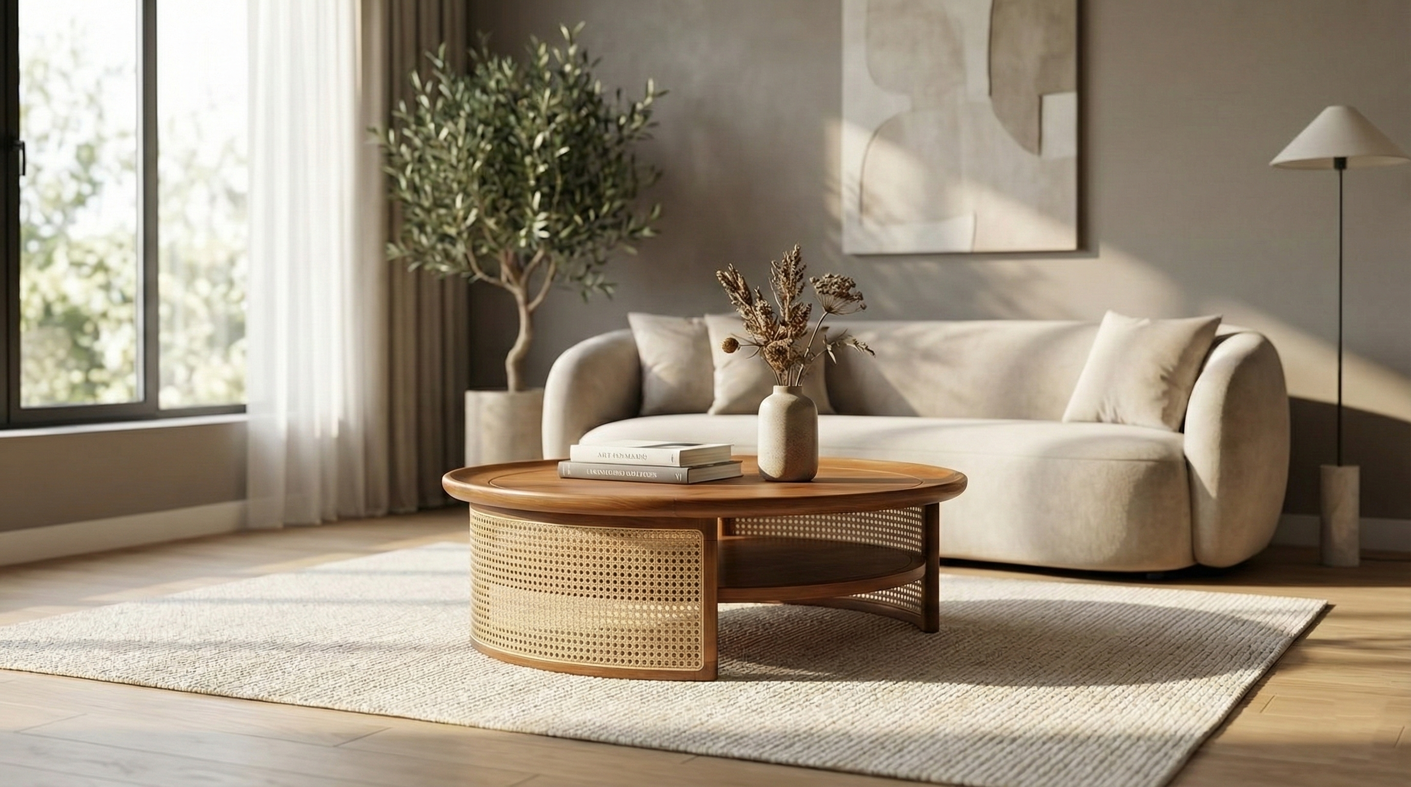 Top view of Mid-Century Rattan Coffee Table showing cane detail