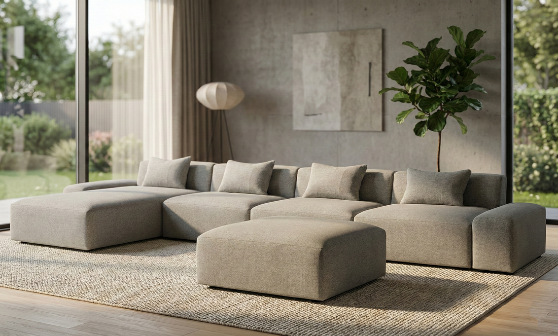 Front view of Contemporary Modular Sectional Sofa in neutral fabric