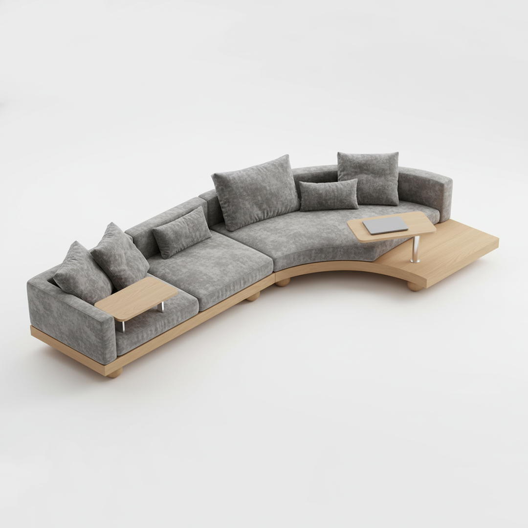Top view of Curved Modular Sofa showing integrated wooden tables