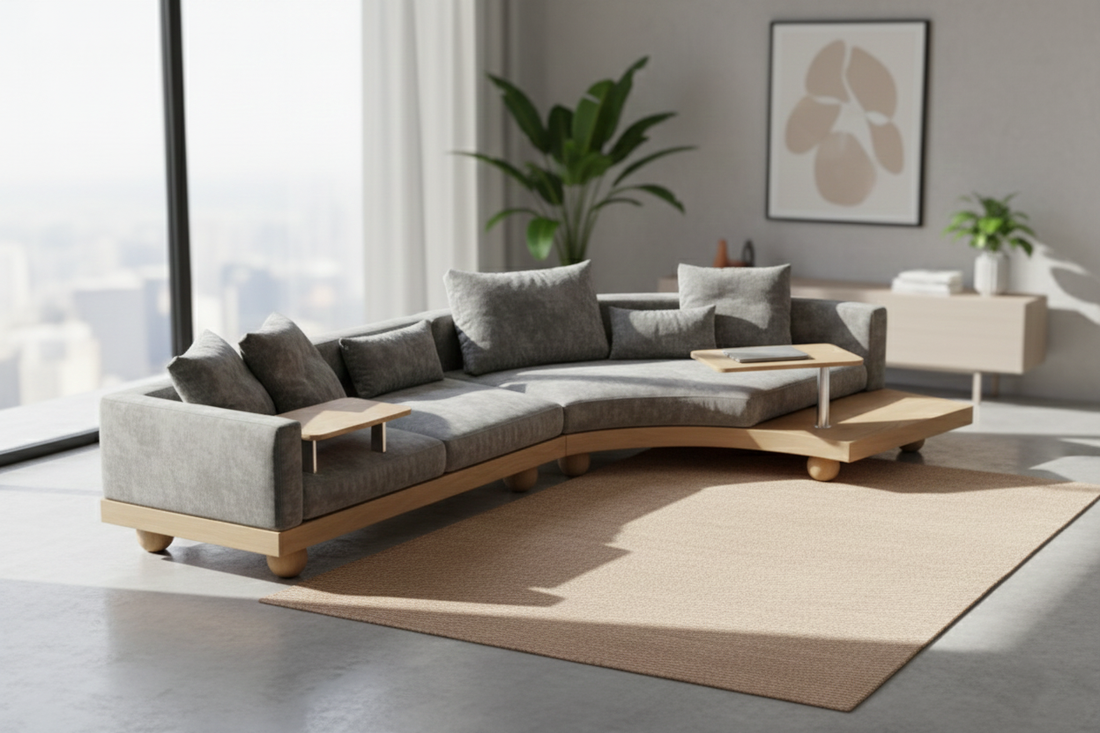 Top view of Curved Modular Sofa showing integrated wooden tables