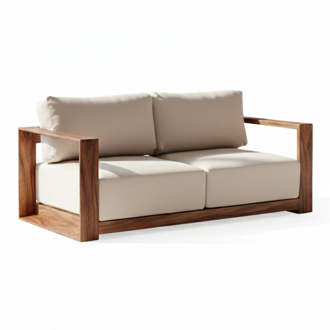 Modern Outdoor Wood Loveseat placed on a sunny patio
