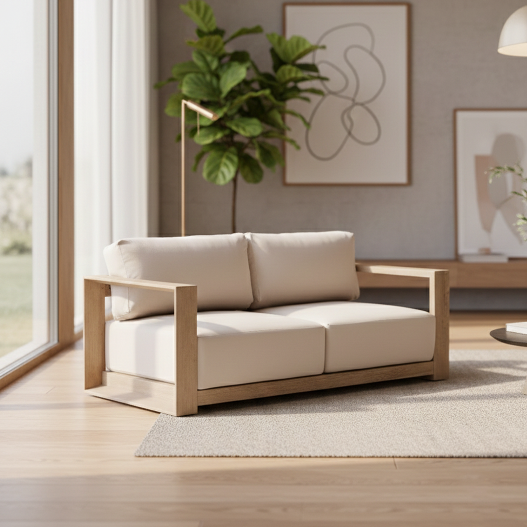 Modern Outdoor Wood Loveseat placed on a sunny patio