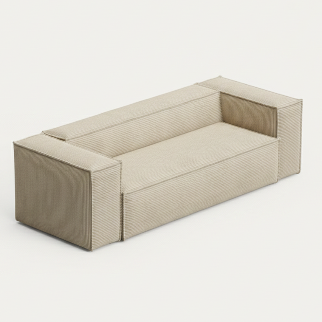 Front view of Contemporary Boxy Corduroy Sofa in beige fabric