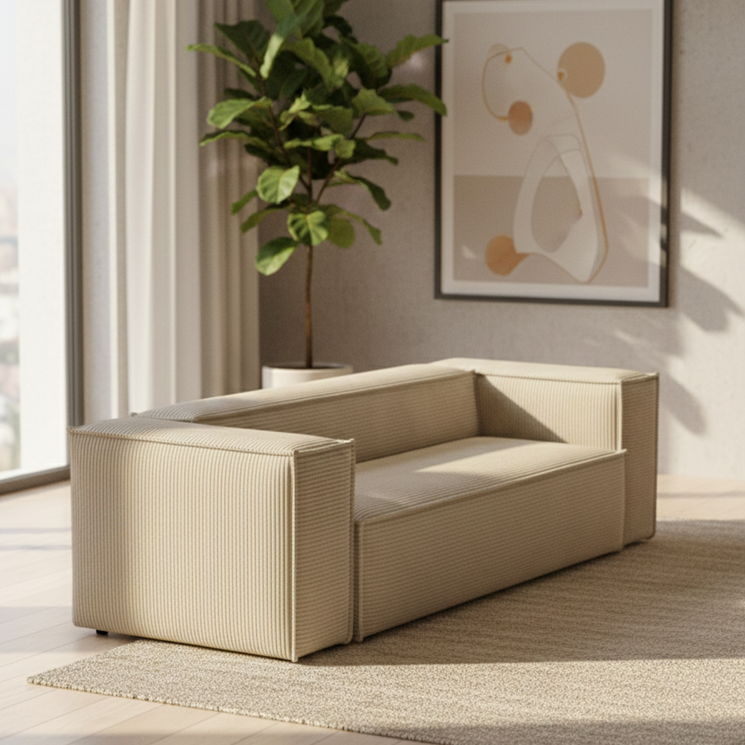 Front view of Contemporary Boxy Corduroy Sofa in beige fabric