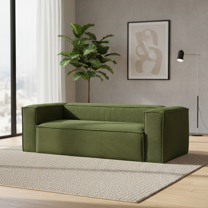 Close up of corduroy fabric texture on deep seating sofa