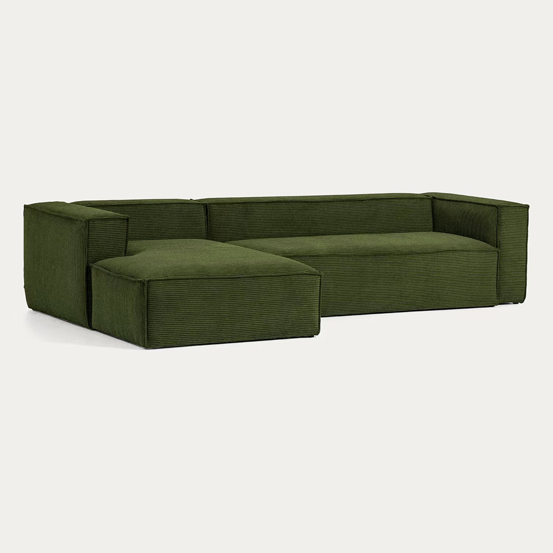 Modular Green Corduroy Sofa with Chaise showing L-shaped configuration