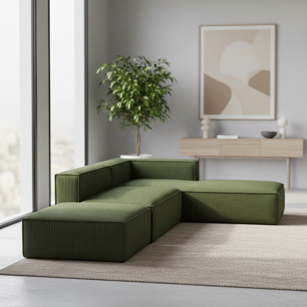 Modular Corduroy Sofa with Chaise showing L-shaped configuration
