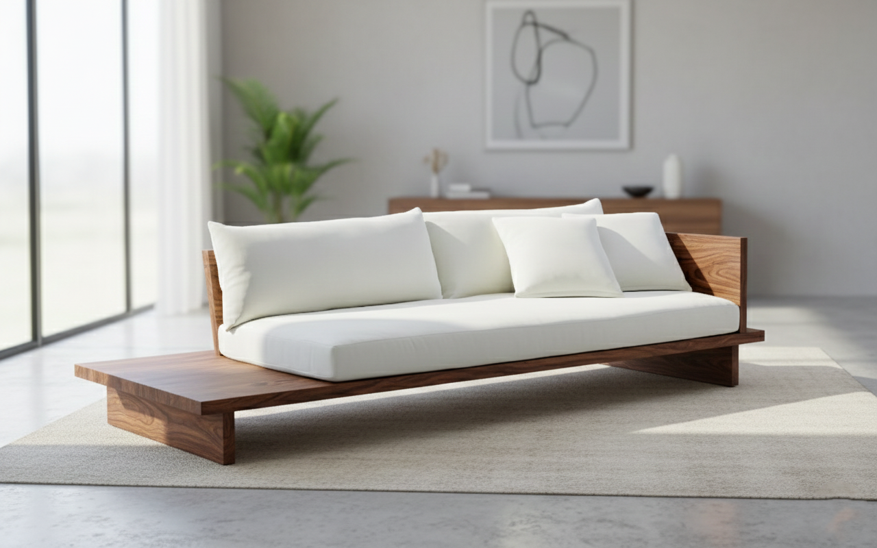 Scandinavian Low Profile Daybed 2 seater sofa with white cushion in minimalist setting