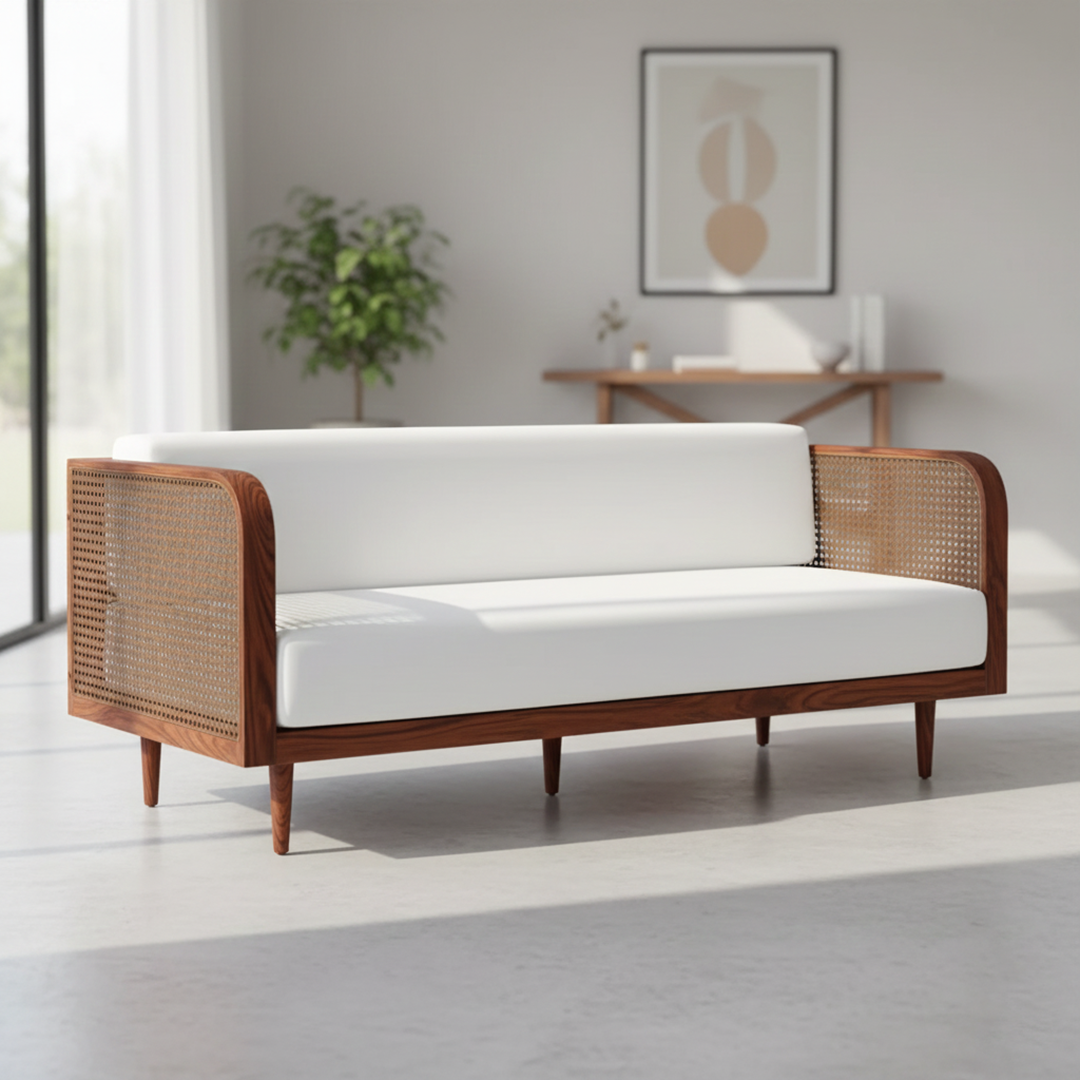 Side angle of Premium Sheesham Wood Daybed showing rattan backrest