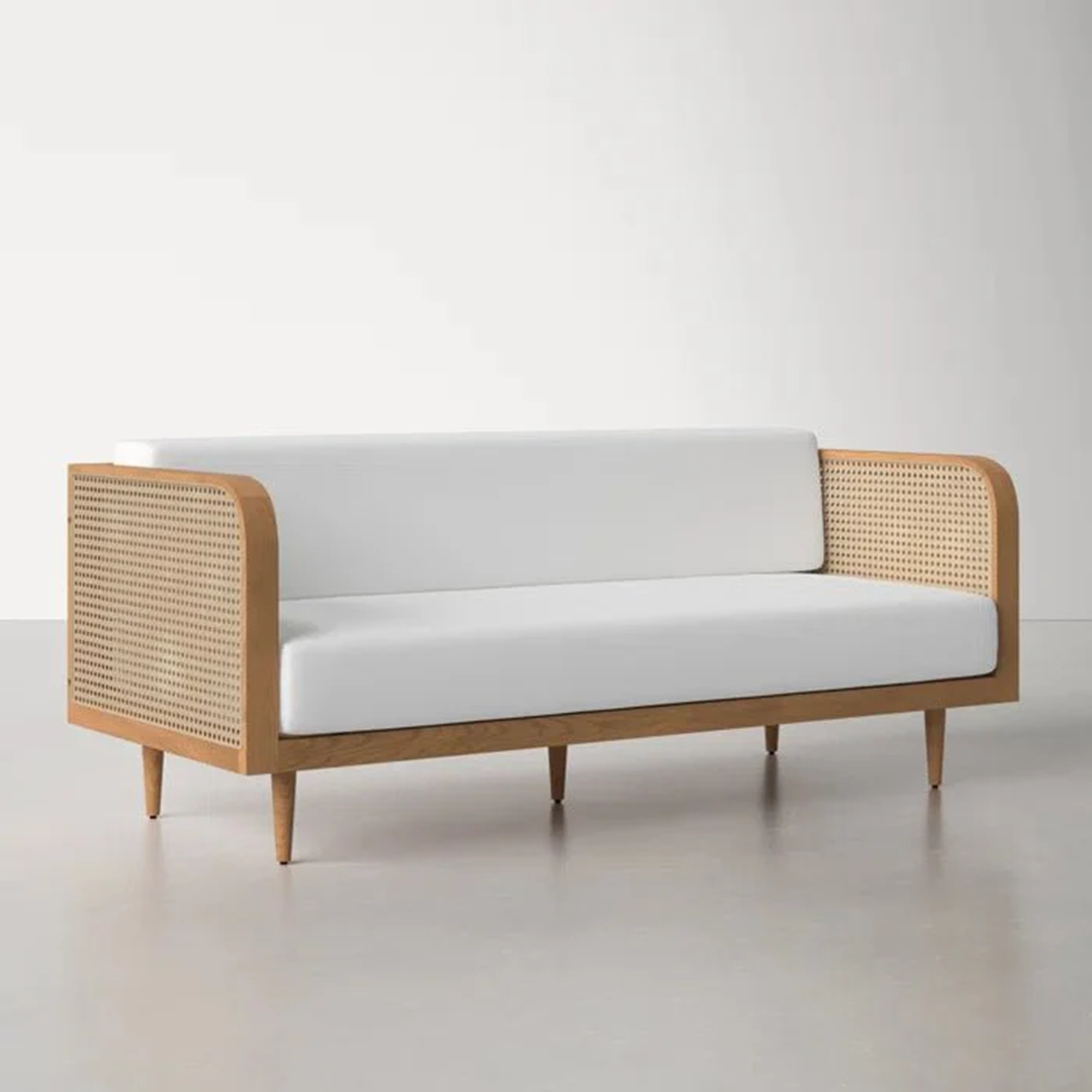 Side angle of Premium Sheesham Wood Daybed showing rattan backrest