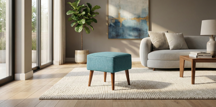 Angled view of Azure Mid-Century Ottoman in blue velvet