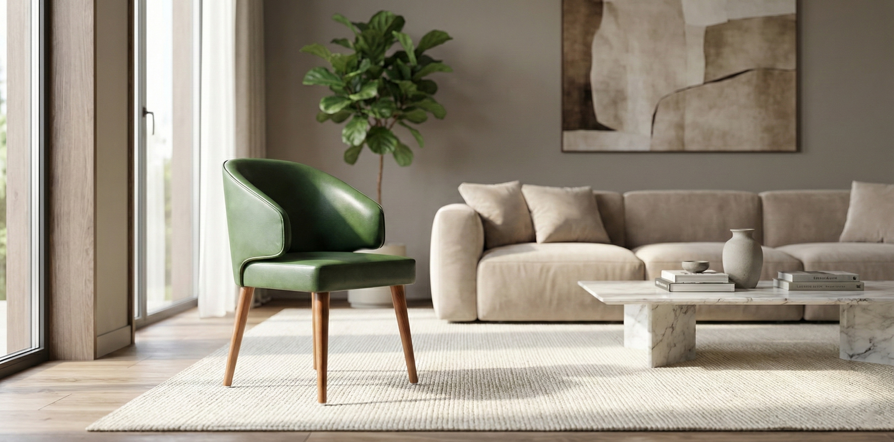 Front view of The Emerald Tub Dining Chair in green fabric