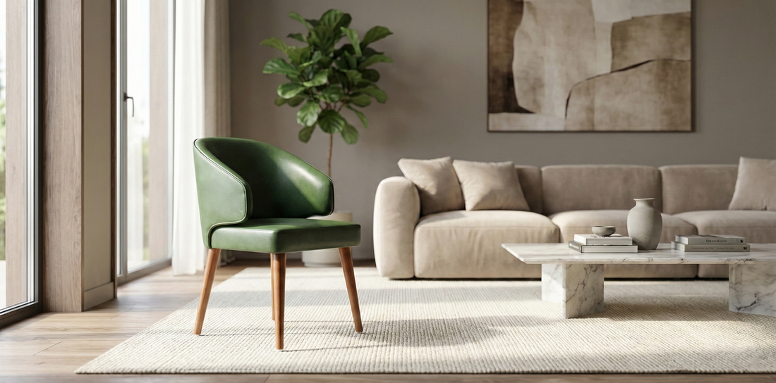 Front view of The Emerald Tub Dining Chair in green fabric