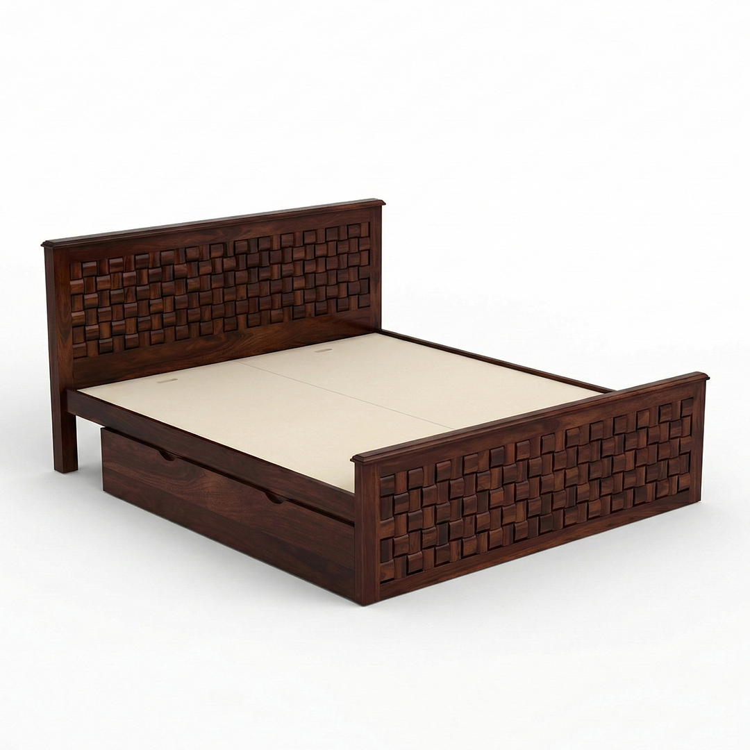Front view of The Weave Storage Bed showing headboard texture.