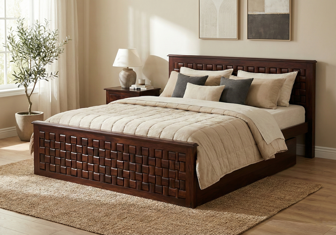 Front view of The Weave Storage Bed showing headboard texture.