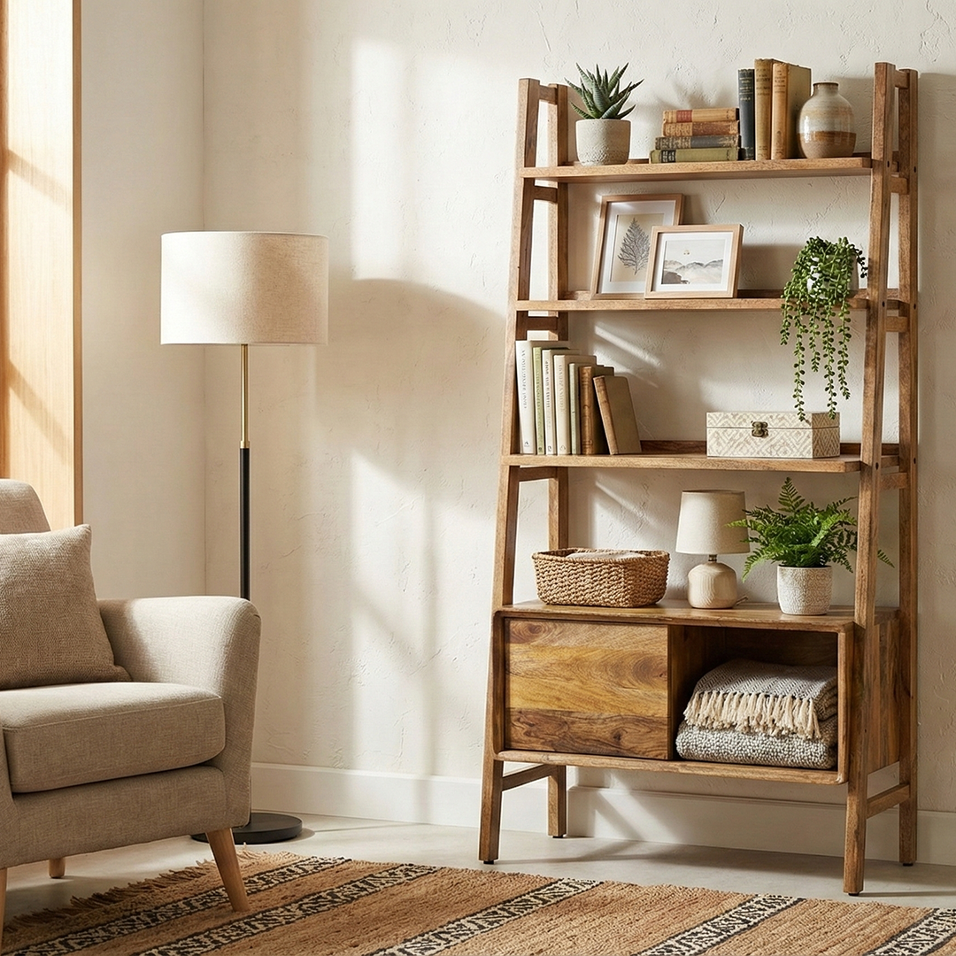 Side profile of The Sierra Ladder Bookshelves leaning against wall