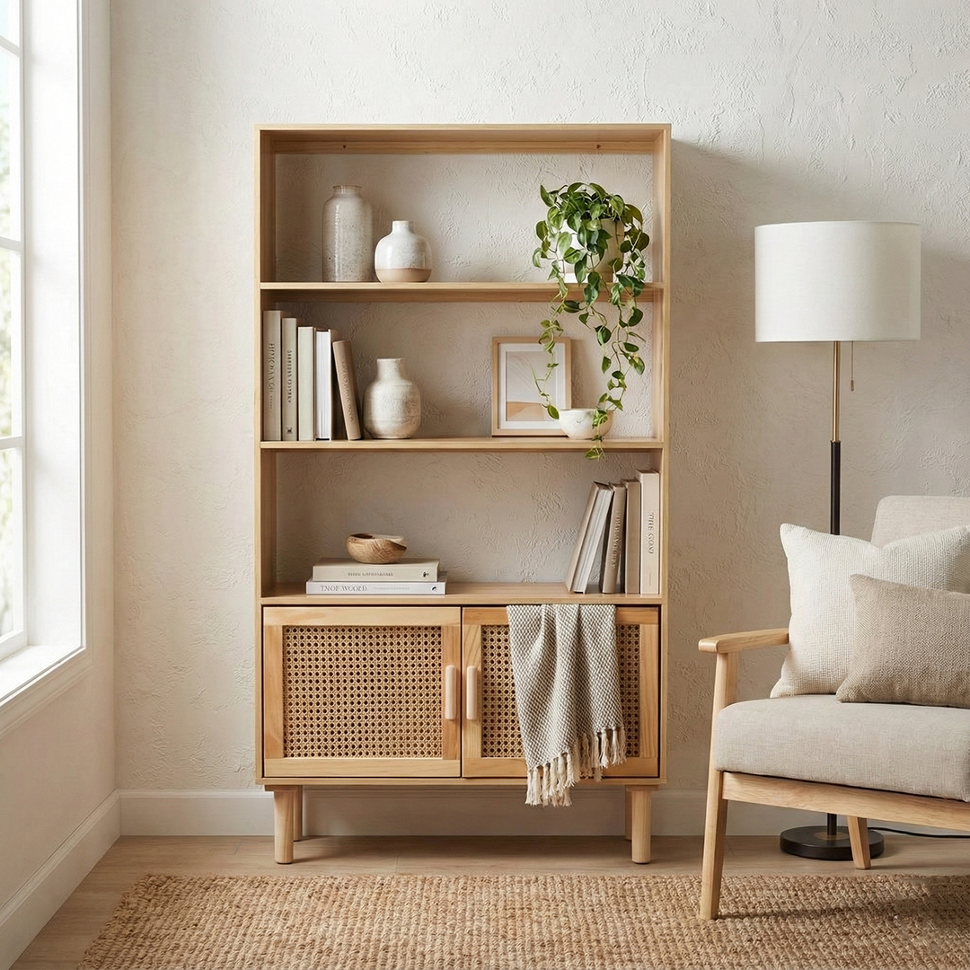 The Coastal Cane Storage Bookcase in a living room