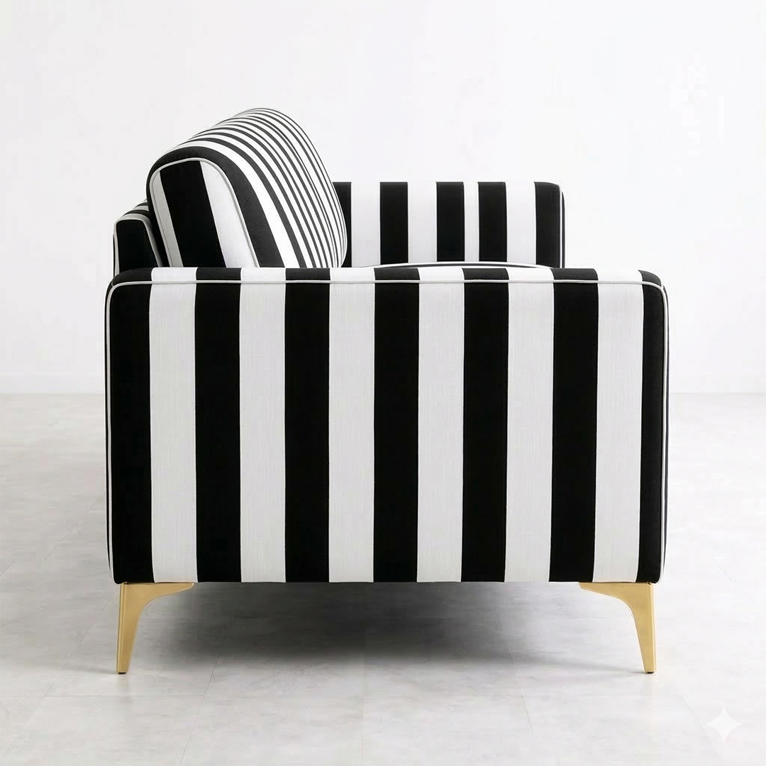 Chic Linear Stripe 3-Seater Sofa with Metallic Gold Accents
