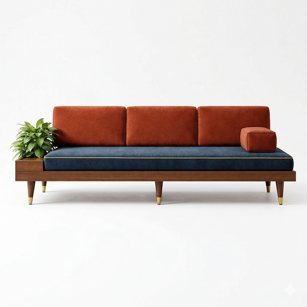 A modern daybed bench featuring a navy blue seat cushion, three rust-orange backrest pillows, a solid walnut wood frame with an integrated side planter/table, and tapered legs with brass tips.